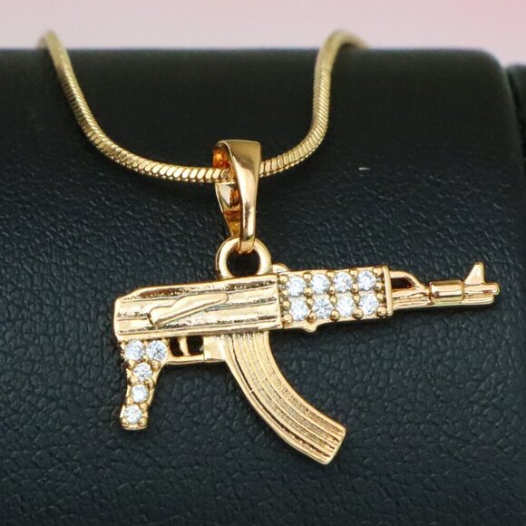 "AK-47 Shaped Rose Gold Pendant with Crystal Detailing, XPPT1556 - Picture 1 of 13